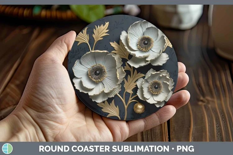 Black Gold Flowers Anemone Round Coaster Sublimation Coaster