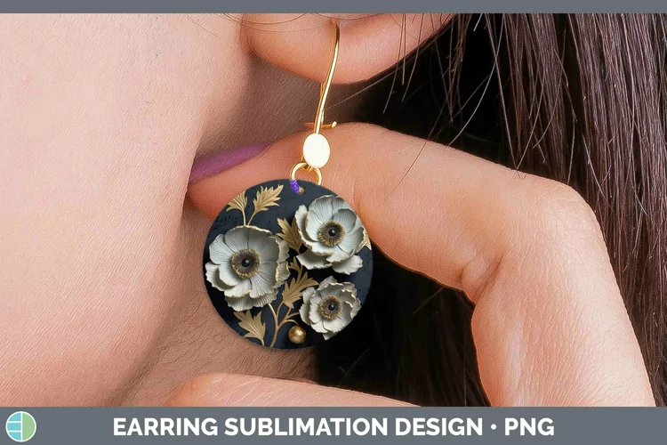 Black Gold Flowers Anemone Round Earrings Sublimation Earrin