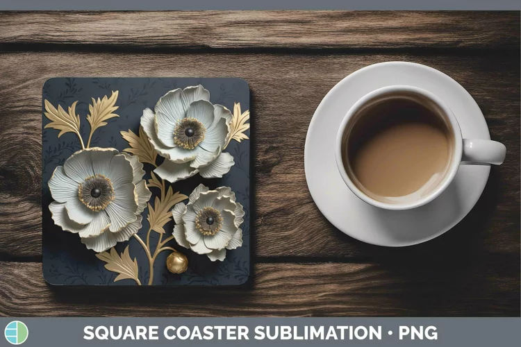 Black Gold Flowers Anemone Square Coaster Sublimation Coaste