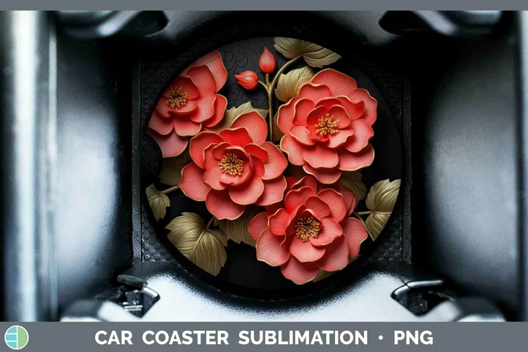 Black Gold Flowers Begonia Car Coaster Sublimation Coaster D