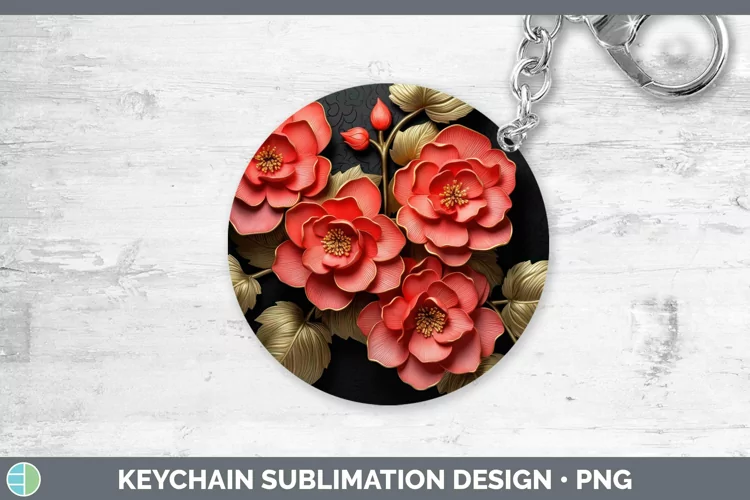 Black Gold Flowers Begonia Keychain Sublimation Keyring Desi