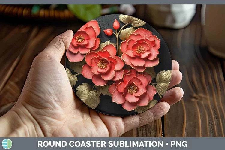 Black Gold Flowers Begonia Round Coaster Sublimation Coaster