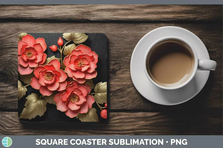 Black Gold Flowers Begonia Square Coaster Sublimation Coaste