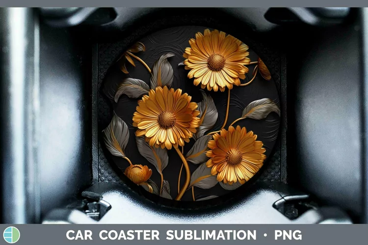 Black Gold Flowers Calendula Car Coaster Sublimation Coaster