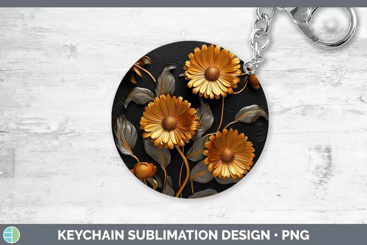 Black Gold Flowers Calendula Keychain Sublimation Keyring De