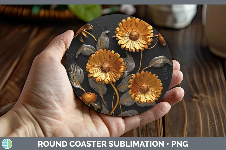 Black Gold Flowers Calendula Round Coaster Sublimation Coast
