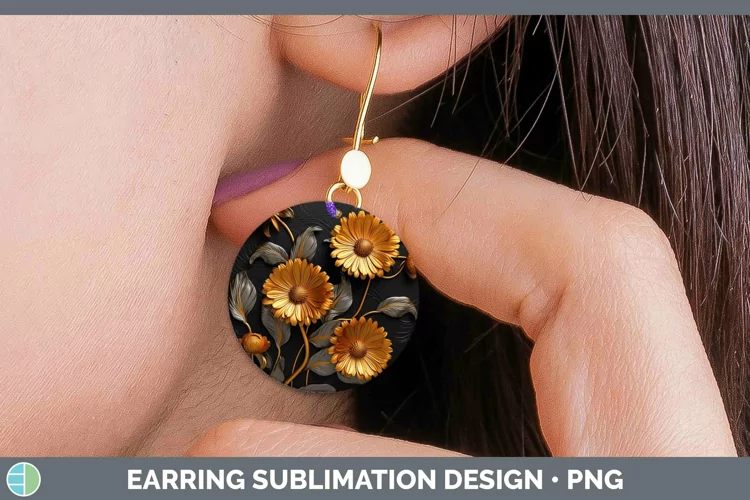 Black Gold Flowers Calendula Round Earrings Sublimation Earr