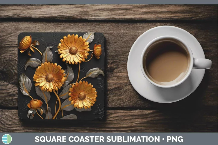 Black Gold Flowers Calendula Square Coaster Sublimation Coas