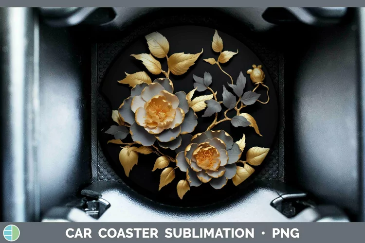 Black Gold Flowers Camellia Car Coaster Sublimation Coaster