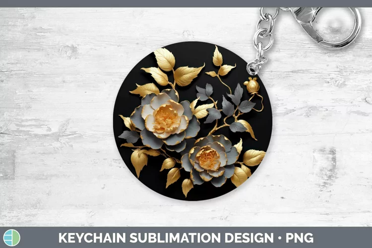 Black Gold Flowers Camellia Keychain Sublimation Keyring Des