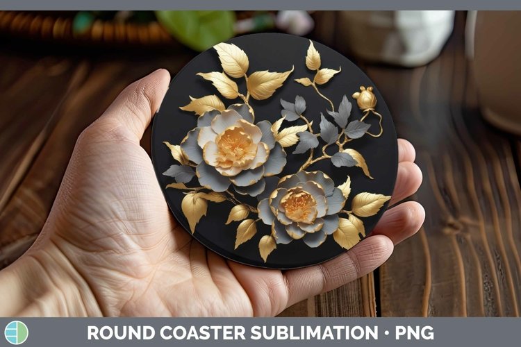 GorgeousBlack Gold Flowers Round Coaster design.