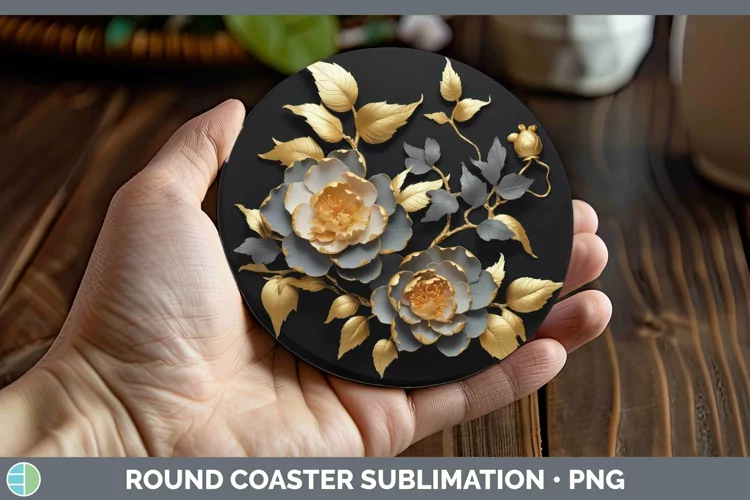 Black Gold Flowers Camellia Round Coaster Sublimation Coaste