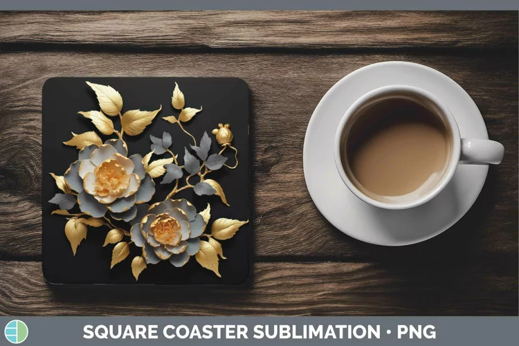 Black Gold Flowers Camellia Square Coaster Sublimation Coast