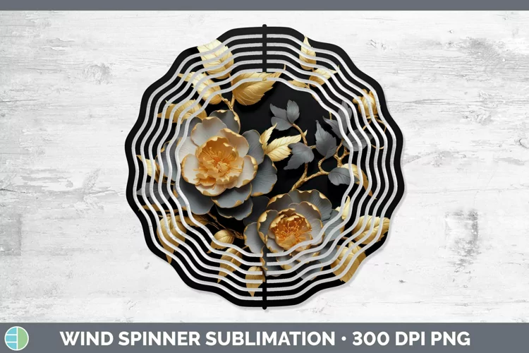 Black Gold Flowers Camellia Wind Spinner Sublimation Spinner