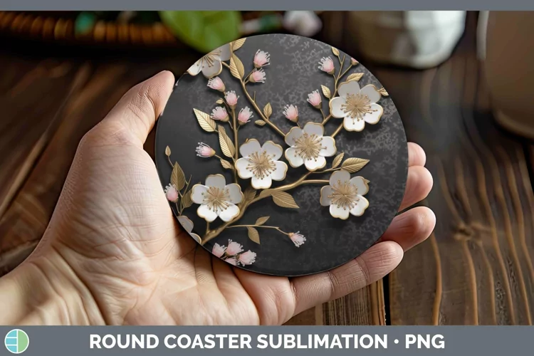 Black Gold Flowers Cherry Blossom Round Coaster Sublimation
