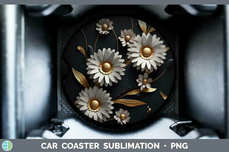 Black Gold Flowers Daisy Car Coaster Sublimation Coaster Des