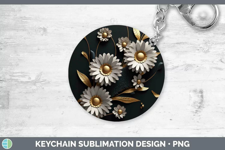 Black Gold Flowers Daisy Keychain Sublimation Keyring Design