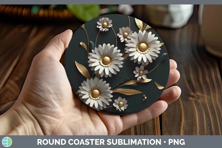 Black Gold Flowers Daisy Round Coaster Sublimation Coaster D