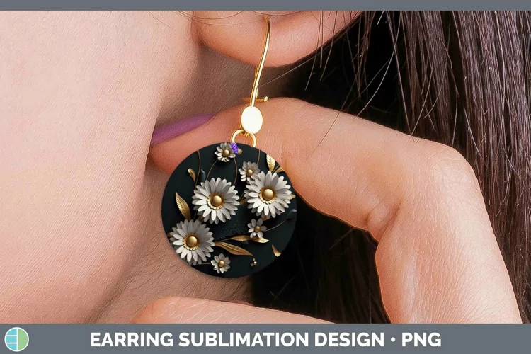 Black Gold Flowers Daisy Round Earrings Sublimation Earrings