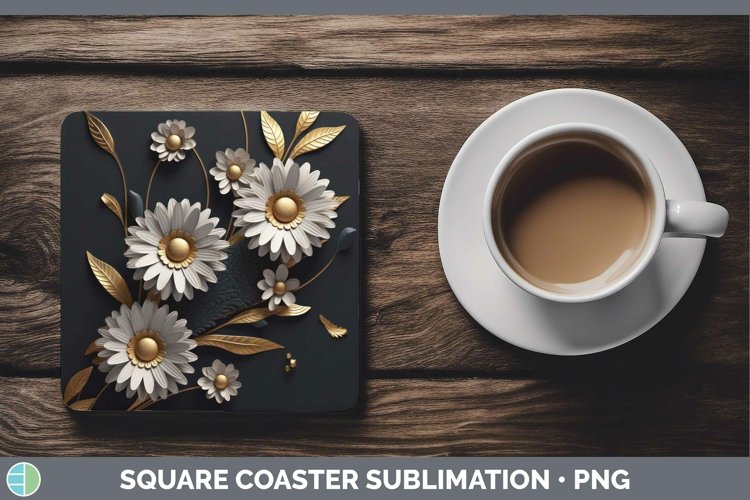 GorgeousBlack Gold Flowers Square Coaster design.