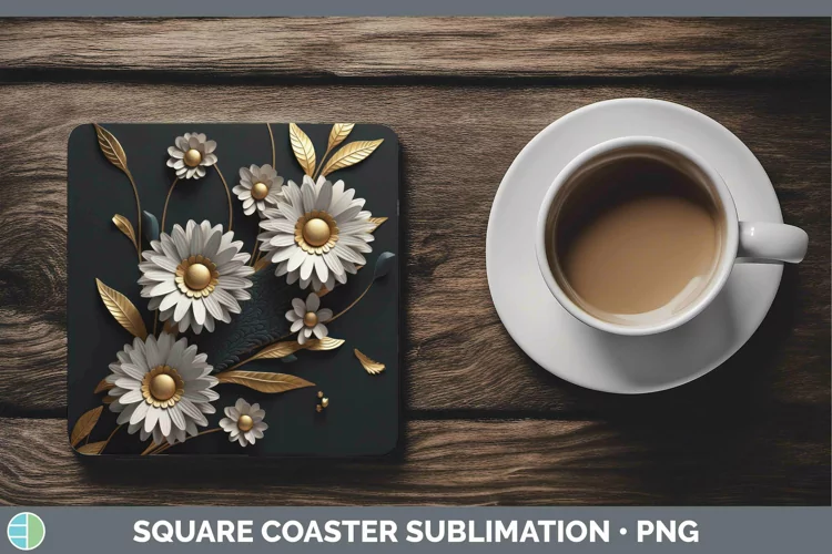 Black Gold Flowers Daisy Square Coaster Sublimation Coaster