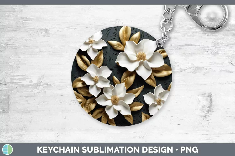 Black Gold Flowers Gardenia Keychain Sublimation Keyring Des