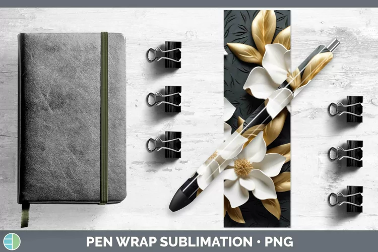 Black Gold Flowers Gardenia Pen Wrap Sublimation Epoxy Pen D