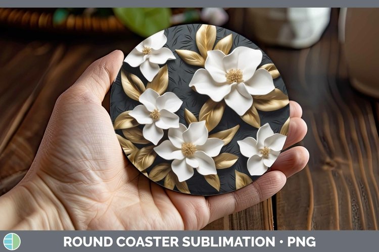GorgeousBlack Gold Flowers Round Coaster design.