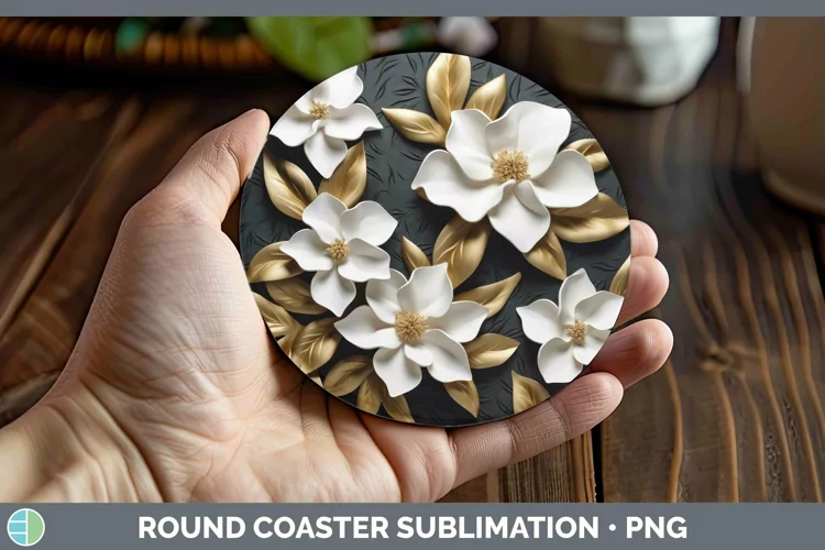 Black Gold Flowers Gardenia Round Coaster Sublimation Coaste