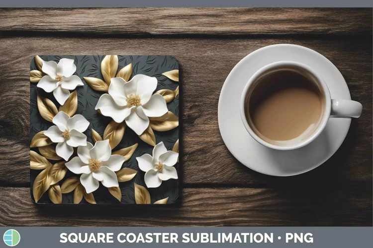 Black Gold Flowers Gardenia Square Coaster Sublimation Coast