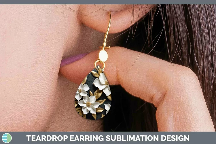 Black Gold Flowers Gardenia Teardrop Earrings Sublimation Ea