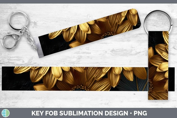 Black Gold Flowers Gerbera Daisy Key Fob Sublimation Wristle
