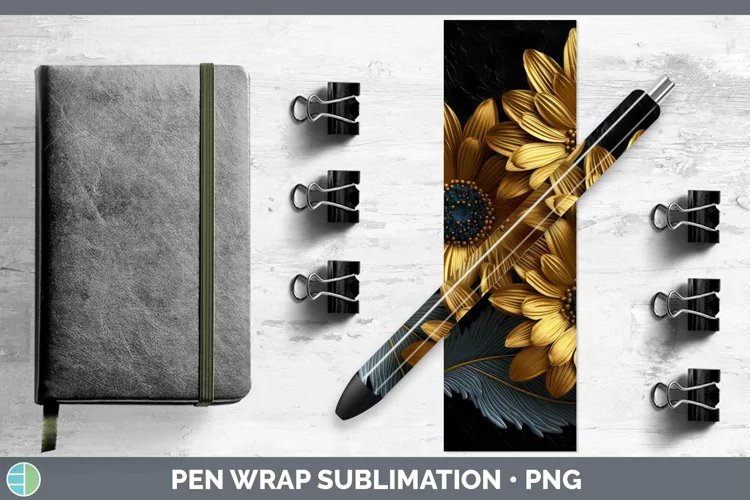 Black Gold Flowers Gerbera Daisy Pen Wrap Sublimation Epoxy