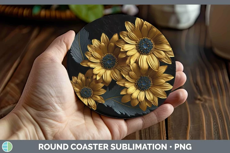 Black Gold Flowers Gerbera Daisy Round Coaster Sublimation C