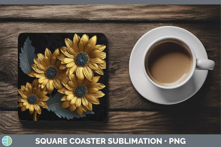 Black Gold Flowers Gerbera Daisy Square Coaster Sublimation