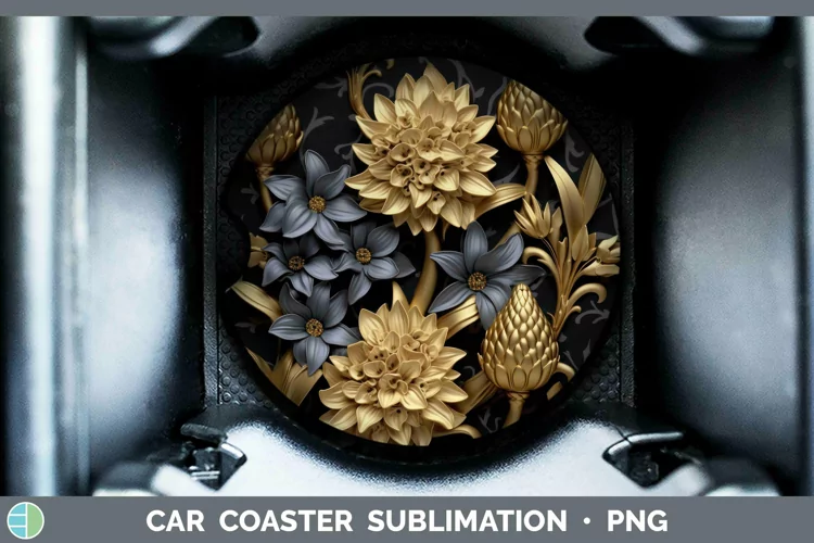 Black Gold Flowers Hyacinth Car Coaster Sublimation Coaster