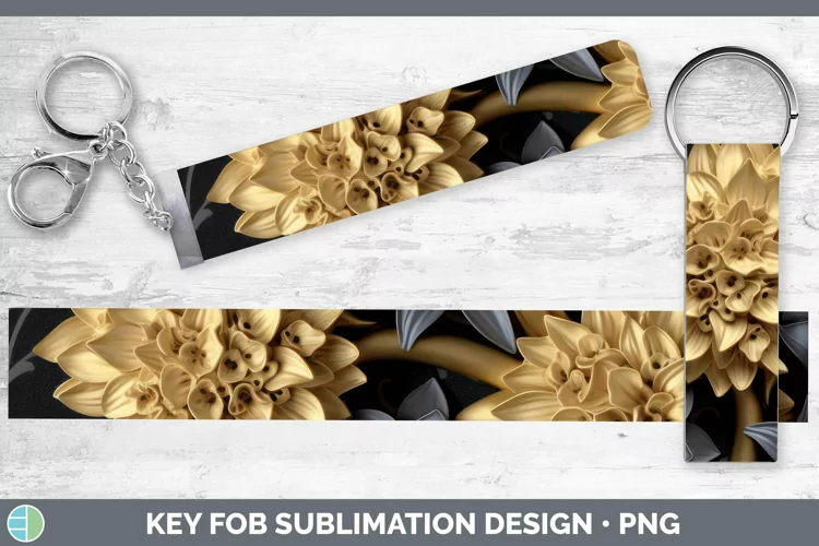 Black Gold Flowers Hyacinth Key Fob Sublimation Wristlet Des