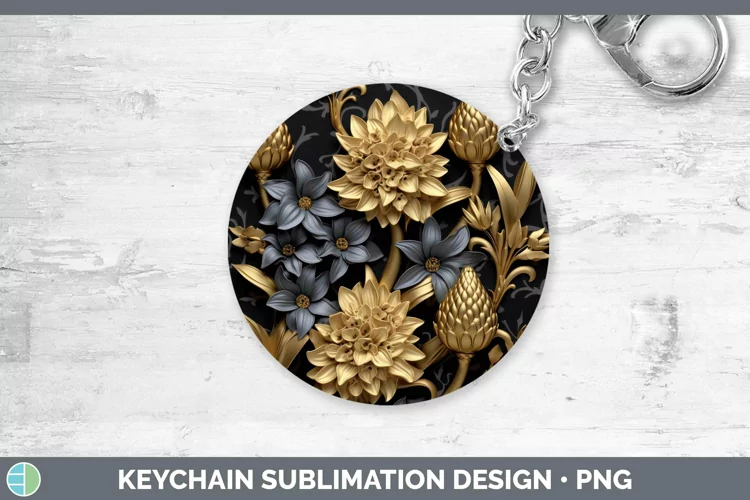 Black Gold Flowers Hyacinth Keychain Sublimation Keyring Des