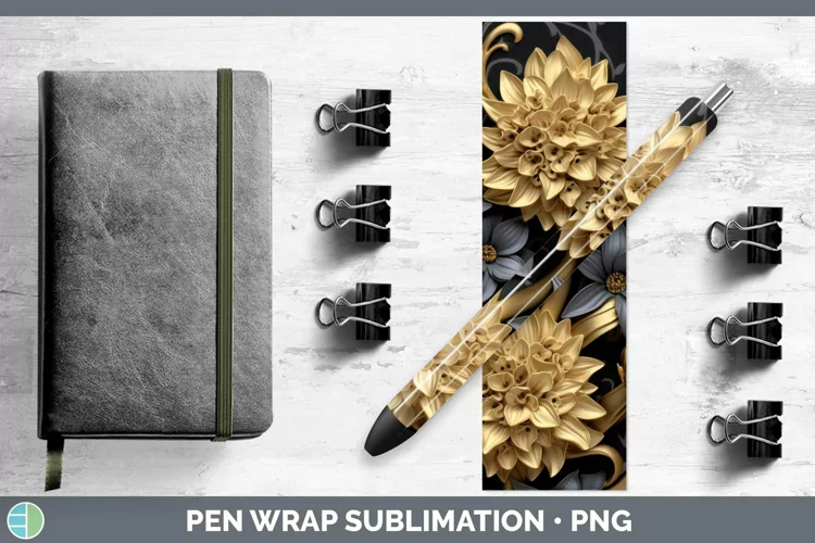 Black Gold Flowers Hyacinth Pen Wrap Sublimation Epoxy Pen D