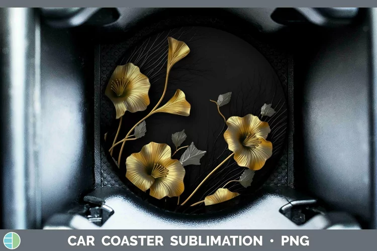 Black Gold Flowers Morning Glory Car Coaster Sublimation Coa
