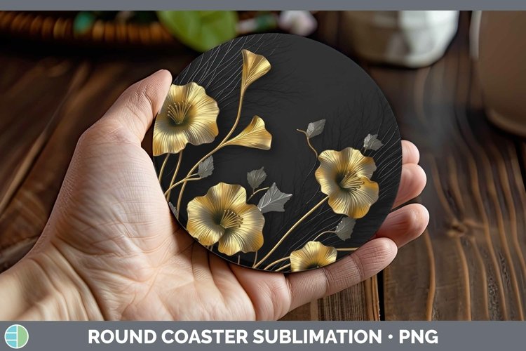GorgeousBlack Gold Flowers Round Coaster design.