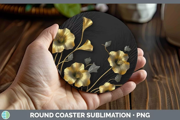Black Gold Flowers Morning Glory Round Coaster Sublimation C