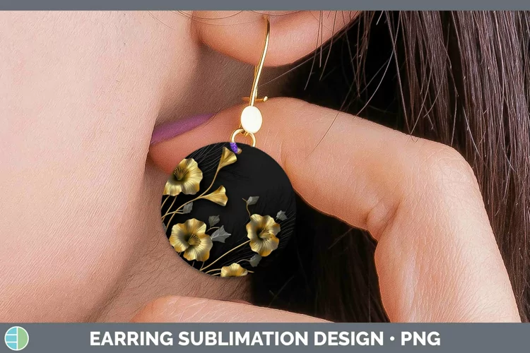 Black Gold Flowers Morning Glory Round Earrings Sublimation