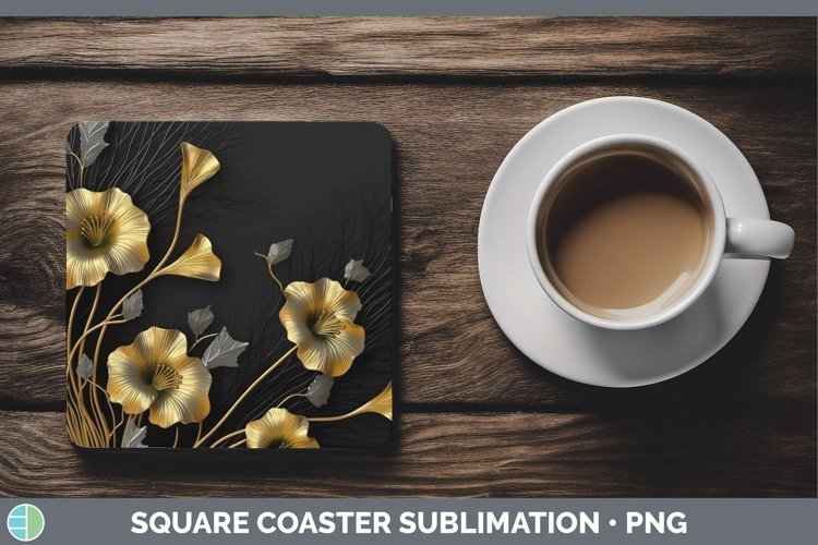 GorgeousBlack Gold Flowers Square Coaster design.