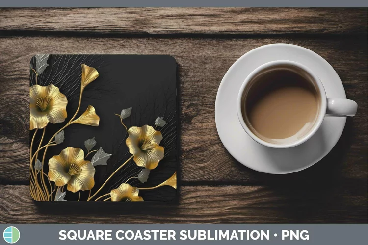Black Gold Flowers Morning Glory Square Coaster Sublimation
