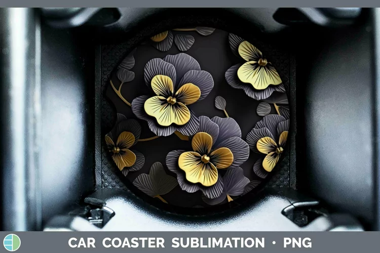 Black Gold Flowers Pansy Car Coaster Sublimation Coaster Des