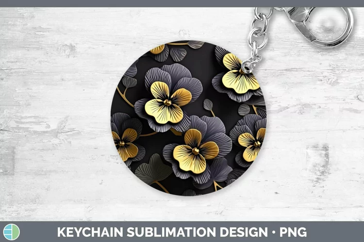 Black Gold Flowers Pansy Keychain Sublimation Keyring Design