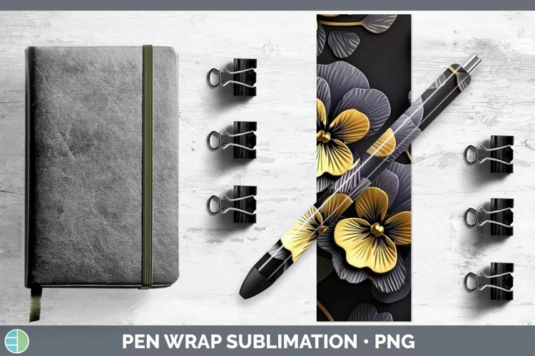 Black Gold Flowers Pansy Pen Wrap Sublimation Epoxy Pen Desi