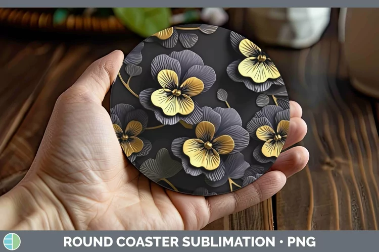 Black Gold Flowers Pansy Round Coaster Sublimation Coaster D