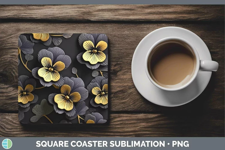 Black Gold Flowers Pansy Square Coaster Sublimation Coaster